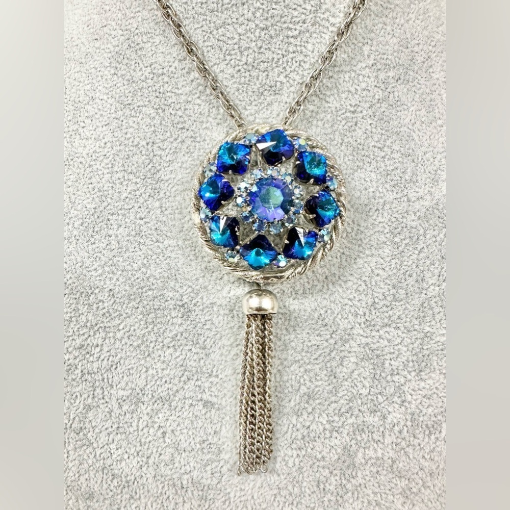 Vintage Blue Aurora Borealis Rivoli Rhinestone Crystal Tassel Long Necklace